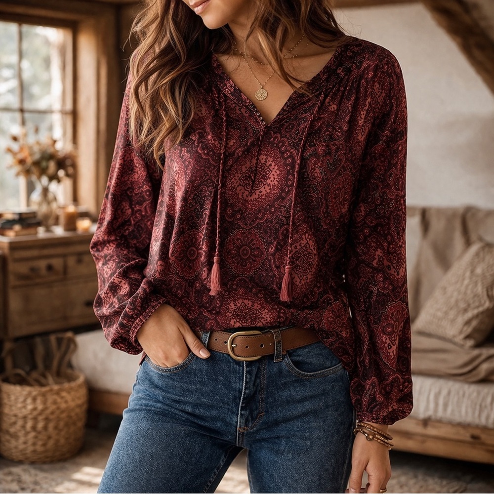 Lucky Brand Paisley Boho Split Neck Tassel Peasant Top Festival Cottagecore S